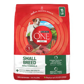 Purina ONE front package showing small-breed lamb formula and benefits