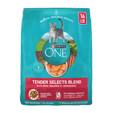 Purina ONE front packaging showing 16 lb bag and salmon benefit