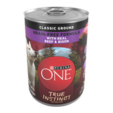 Purina ONE front can showing Beef & Bison label and clear ingredient focus