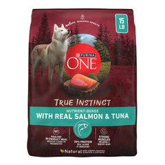 Purina ONE front of bag showing salmon and tuna benefits