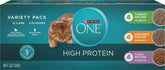 Purina ONE front packaging showing variety pack and high-protein benefit
