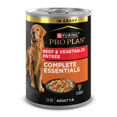 Purina Pro Plan front can showing beef and vegetables label for clear buying info