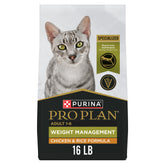 Purina Pro Plan front packaging showing 16 lb bag and weight management benefit