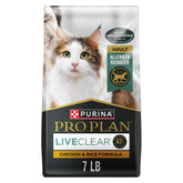 Purina Pro Plan front packaging showing LIVECLEAR 7 lb bag and benefits