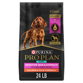 Purina Pro Plan bag front view showing salmon recipe and benefits