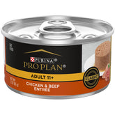 Purina Pro Plan front packaging showing product and senior cat nutrition benefits