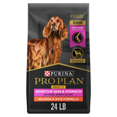 Purina Pro Plan senior salmon rice front bag shows clear formula branding and benefits