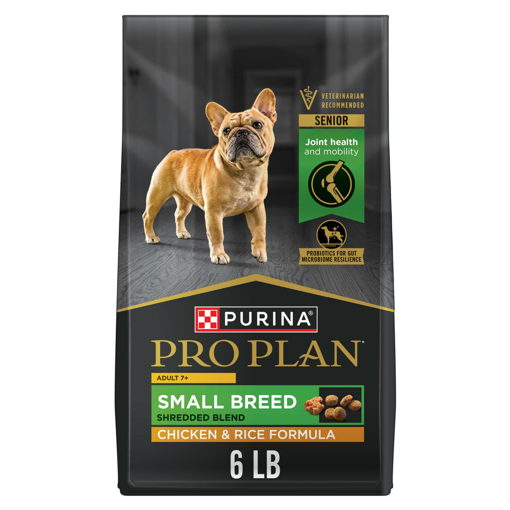 Purina Pro Plan front packaging shows senior small-breed formula and benefits