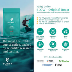 PURITY COFFEE open bag with nitrogen flush visible, preserves freshness benefit