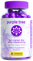 purple tree front packaging showing bottle and box, clear benefit of easy post-celebration use