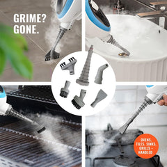 PurSteam accessory set laid out for grout, fabric, and tight-space cleaning