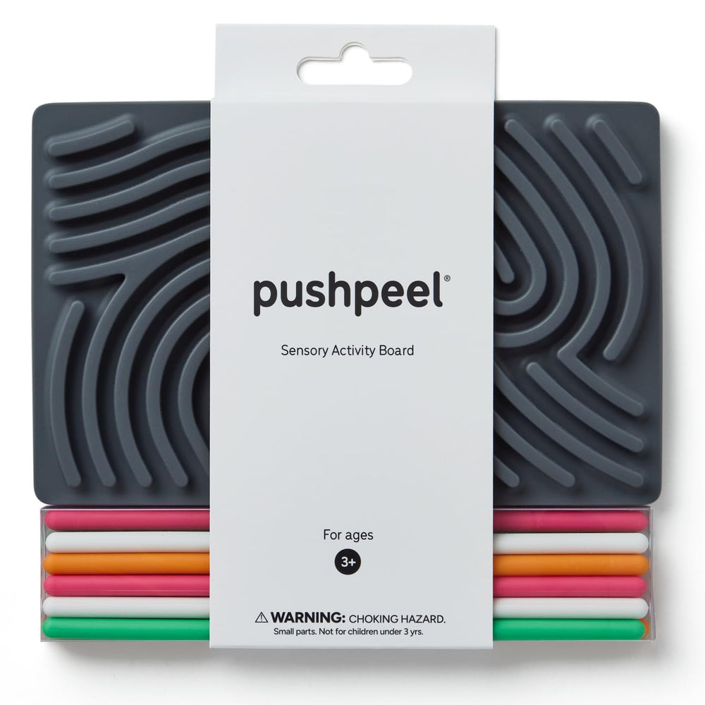 Pushpeel board front view showing granite color and layout for calming play