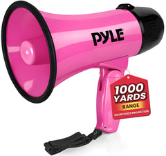 Pyle front view showing compact pink megaphone and ergonomic grip for easy handling
