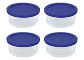 Pyrex front view of four-pack bowls and cadet blue lids showing organized storage benefit