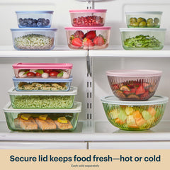 Pyrex bowls nested with lids, illustrating compact storage and space-saving benefit