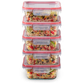 Pyrex front view showing five 4-cup containers and lids for organized meal prep