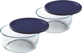 Pyrex front view of two 7-cup bowls with blue lids showing durable storage