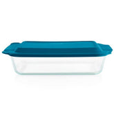 Pyrex front view showing the deep 9x13 glass dish and lid for bigger batches