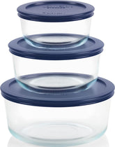 Pyrex front view of three glass containers with navy lids shows durable storage benefit