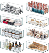 Qilinba front packaging showing all eight clear organizer bins and benefits
