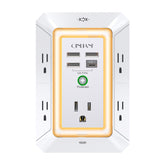 QINLIANF front view showing five outlets and four USB ports for space saving