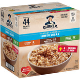 Quaker box front showing variety pack and reduced sugar benefit