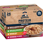 Quaker front box showing four-flavor variety and protein benefit