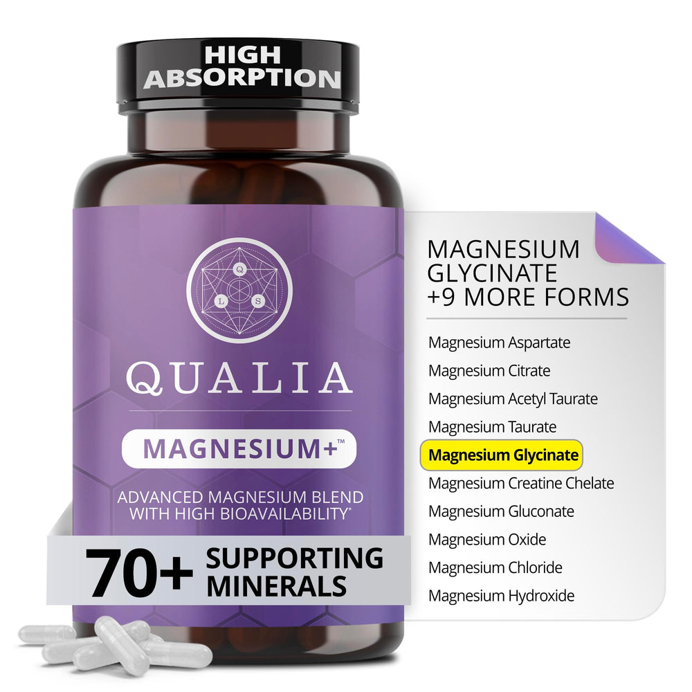 Qualia Magnesium+ front bottle showing label and benefits
