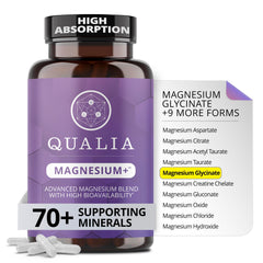 Qualia Magnesium+ front bottle showing label and benefits
