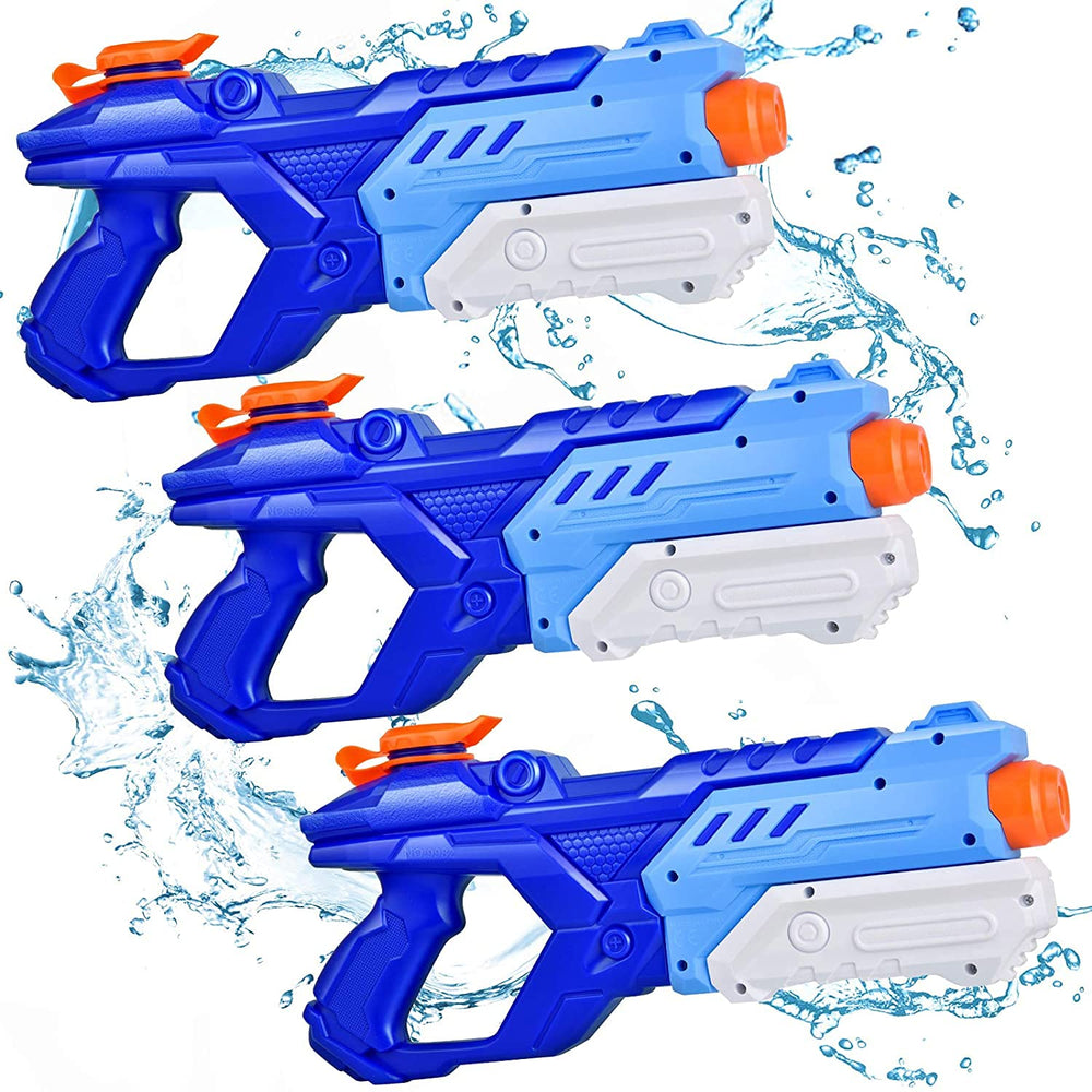 Quanquer front view of three water guns showing bright colors and size, fun for fast play