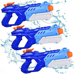 Quanquer front view of three water guns showing bright colors and size, fun for fast play