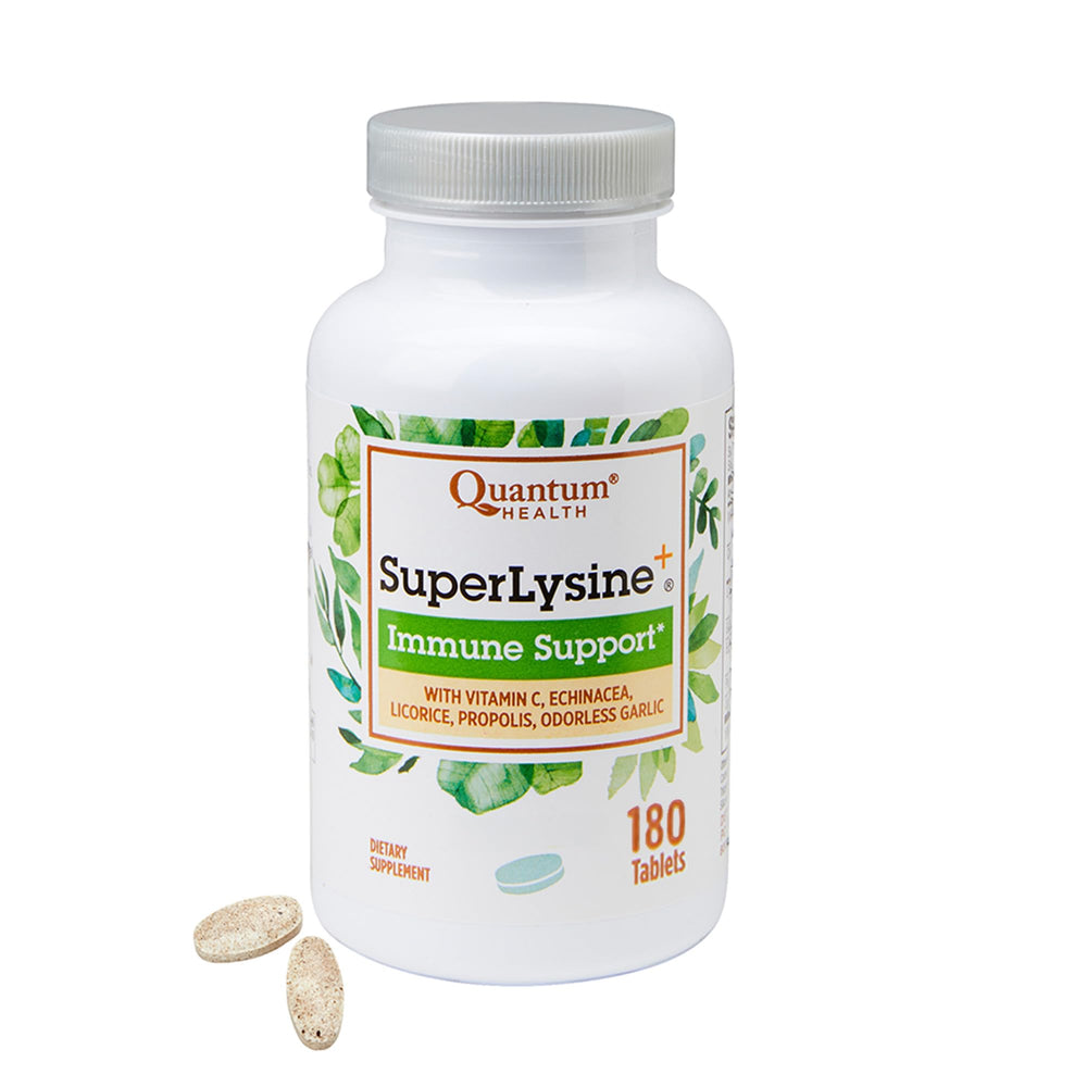 Quantum bottle front packaging showing product benefits and 180 tablets