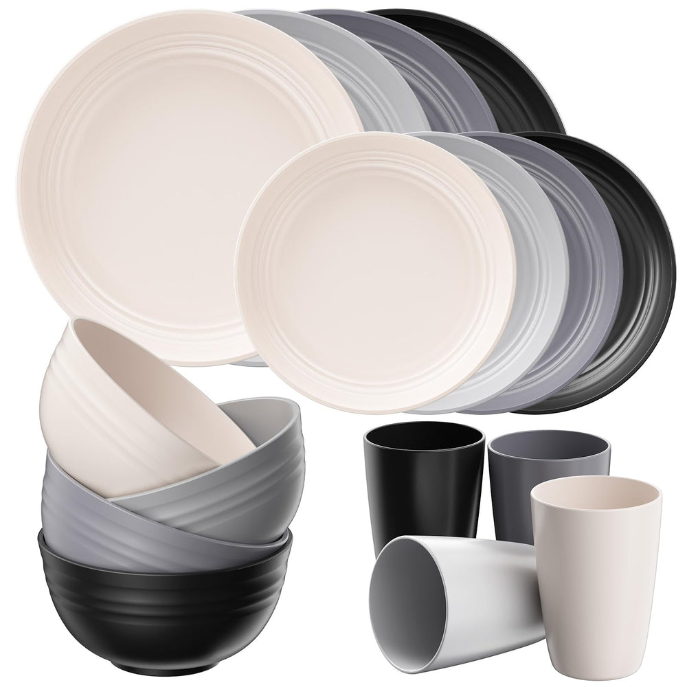 Quatish front view of grey dinnerware set showing complete service for four and durability