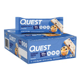 Quest front package showing blueberry muffin bars and convenience