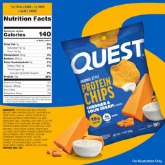 Quest bag opened with chips visible, crunchy snack ready to eat