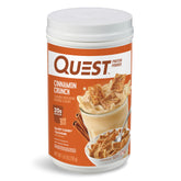 Quest canister front view showing cinnamon crunch flavor and benefits