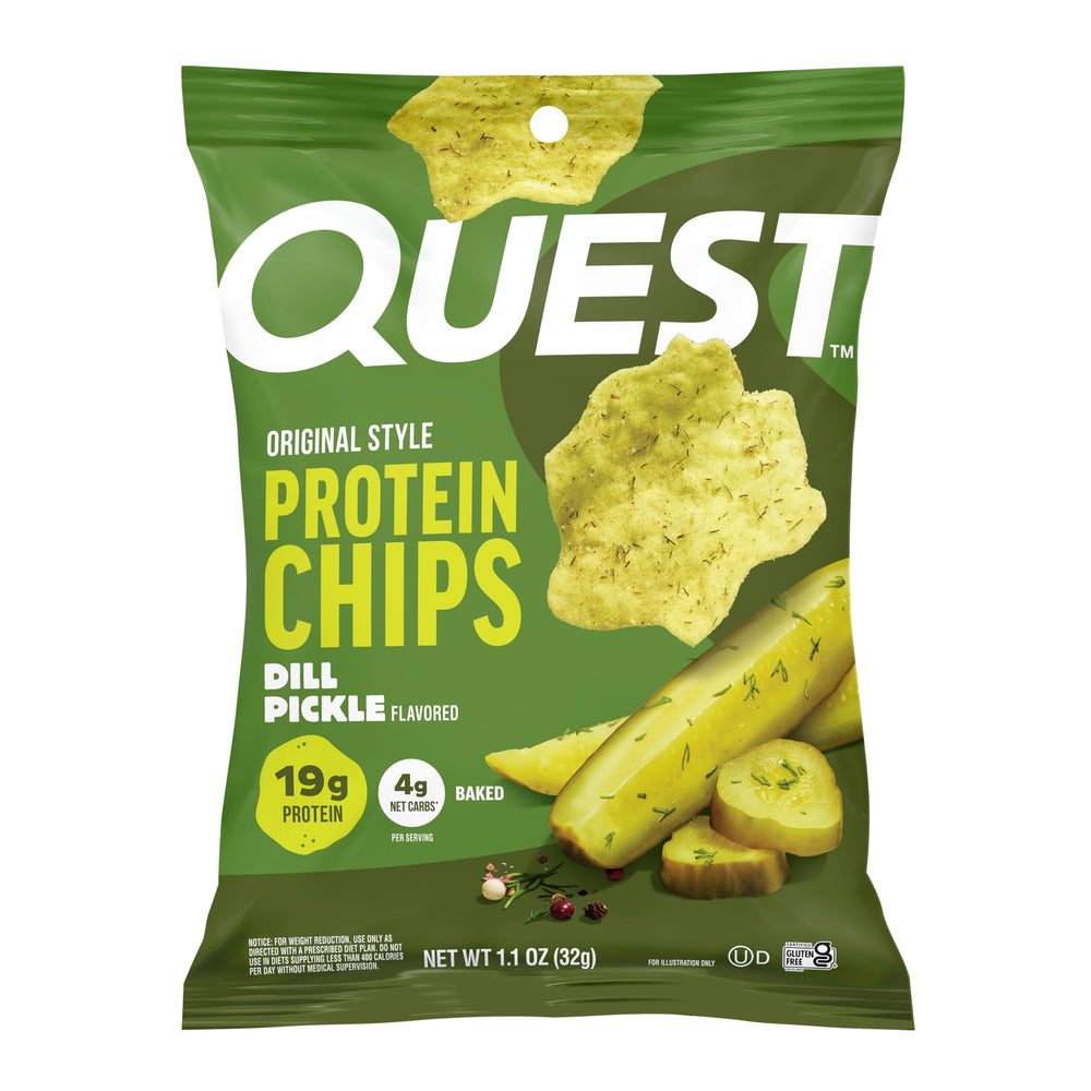 Quest front packaging showing 12-count case and bold dill pickle branding for easy restock