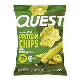 Quest front packaging showing 12-count case and bold dill pickle branding for easy restock