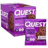 Quest double chocolate chip cookie front packaging showing carton and branding for easy storage