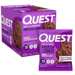 Quest double chocolate chip cookie front packaging showing carton and branding for easy storage