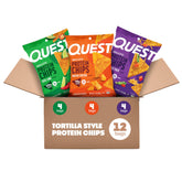 Quest front pack showing three flavor bags and high-protein claim benefits