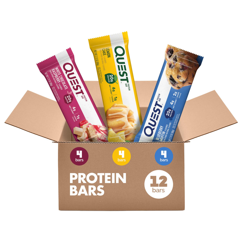 Quest box front showing Fruit Lover’s Variety Pack and flavor icons for portable protein