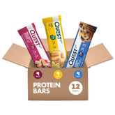Quest box front showing Fruit Lover’s Variety Pack and flavor icons for portable protein
