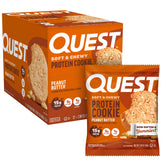 Quest peanut butter cookie front packaging showing product and benefits