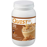 Quest peanut butter protein powder front canister showing label and serving size benefit