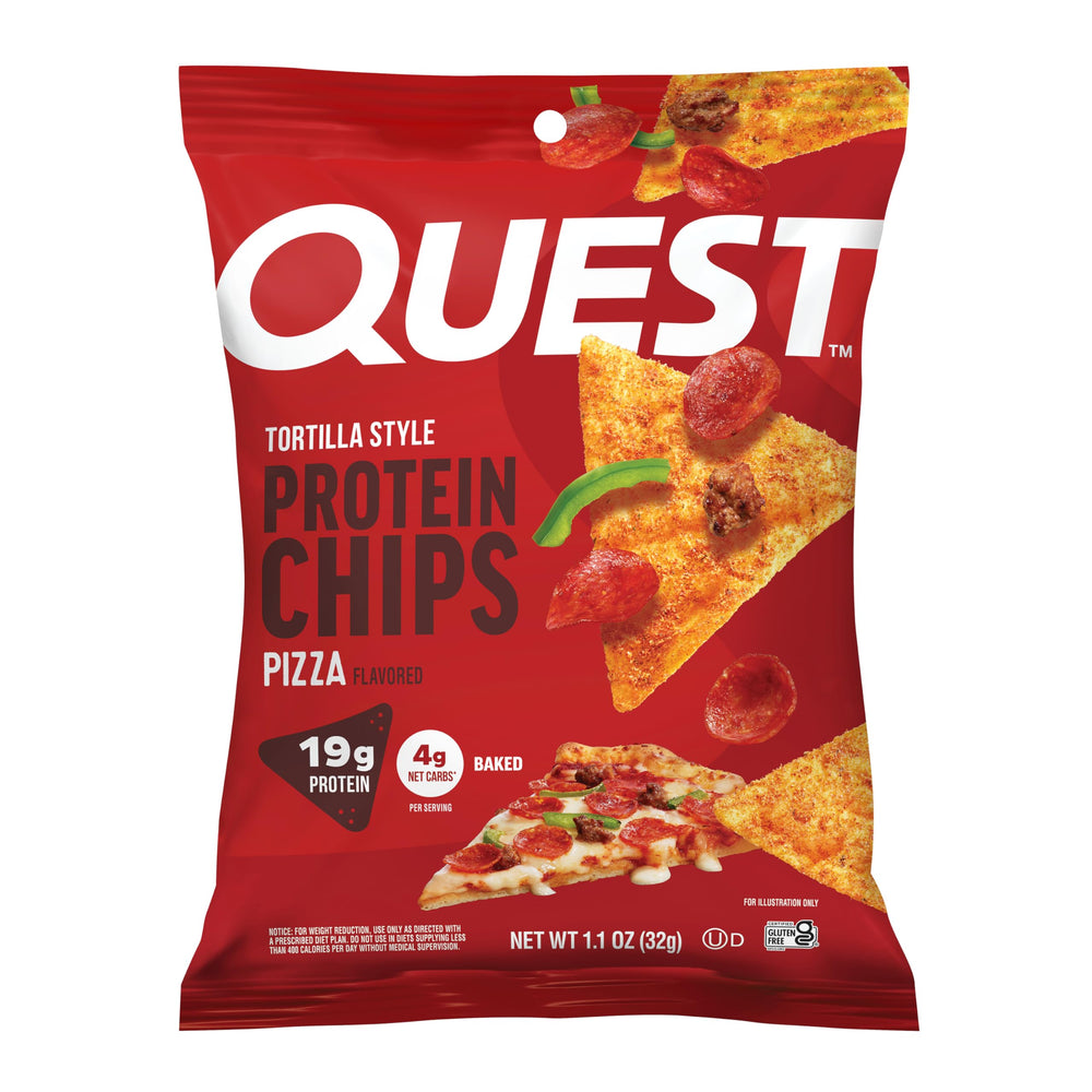 Quest front packaging showing pizza chip bag and convenient single-serve benefit