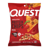 Quest front packaging showing pizza chip bag and convenient single-serve benefit