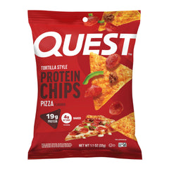 Quest front packaging showing pizza chip bag and convenient single-serve benefit