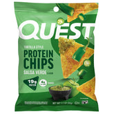 Quest front packaging showing box of salsa verde protein chips and grab-and-go benefit