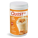 Quest front canister showing salted caramel flavor and servings benefit